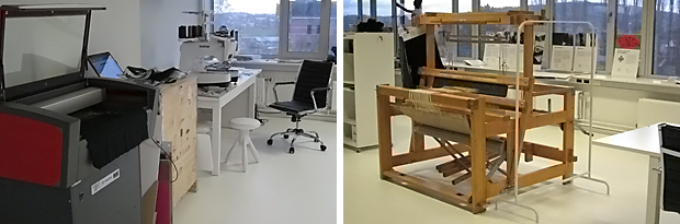 TIO3 Workshop with new tools: laser cutter and digital embroidery machine on the left and a traditional loom on the right. 